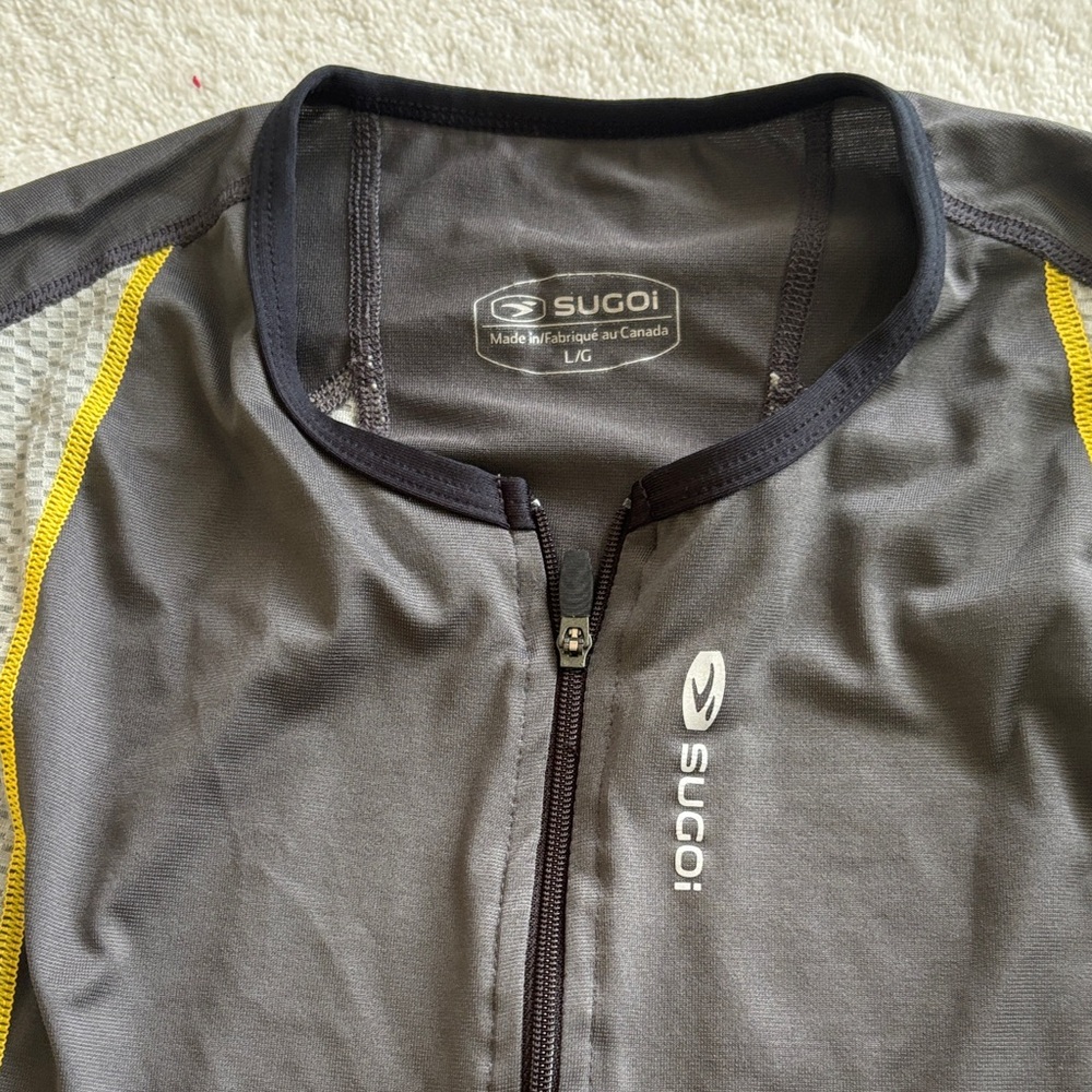 SUGOI Gray Athletic Zip Jersey with Yellow Triathlon training gear